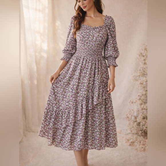 Ivy City Co Dresses & Skirts - Ivy City Co. "Olivia" Floral Purple Ruffle Smocked Dress